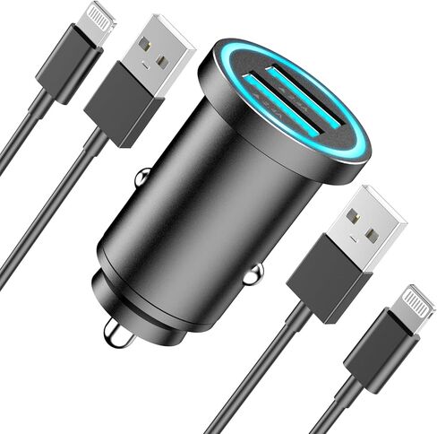 Car Charger iPhone [MFi Certified], Smallest 4.8A All Metal Dual Port USB Car Charger Fast Charge Adapter with 2 Pack Lightning Cable Quick Charging for iPhone 14 13 12 11 XS XR X 8 iPad AirPods in Kuwait