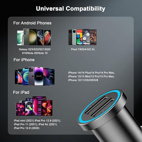 Car Charger iPhone [MFi Certified], Smallest 4.8A All Metal Dual Port USB Car Charger Fast Charge Adapter with 2 Pack Lightning Cable Quick Charging for iPhone 14 13 12 11 XS XR X 8 iPad AirPods in Kuwait