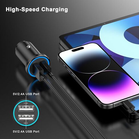 Car Charger iPhone [MFi Certified], Smallest 4.8A All Metal Dual Port USB Car Charger Fast Charge Adapter with 2 Pack Lightning Cable Quick Charging for iPhone 14 13 12 11 XS XR X 8 iPad AirPods in Kuwait