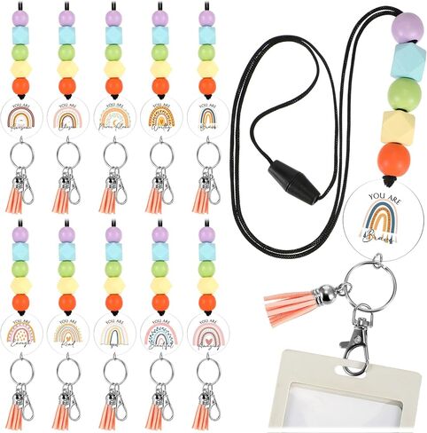 Fumete 10 Pcs Teacher Lanyard Personalized Cute Beaded Lanyards Inspirational Rainbow Lanyard for Keys and ID Badges Students Gifts Employee Appreciation Gifts Nurses Coworker Thank You Gifts in Saudi Arabia