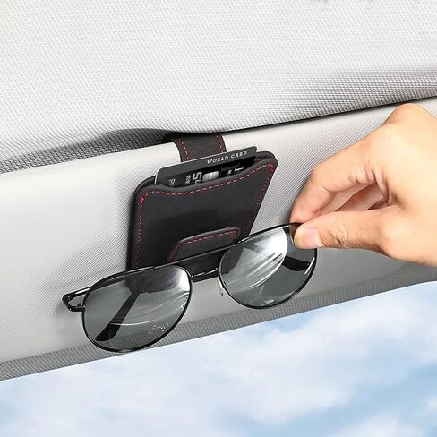 AUKEPO Sunglasses Holder for Car Sun Visor, Eyeglass Mount with Ticket Card Storage, Magnetic Leather Glasses Hanger Clip, Auto Interior Accessories Universal for Vehicle Truck SUV in Saudi Arabia