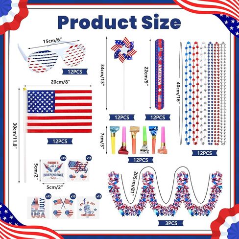 MOVINPE 150 قطعة من إكسسوارات الرابع من يوليو، هدايا الحفلات الوطنية، نظارات بهرج جارلاند مصراع، قلادات مطرزة، أعلام صفعة أساور، نفخات موسيقية، وشم، موكب هدايا (متعددة الألوان) in Kuwait