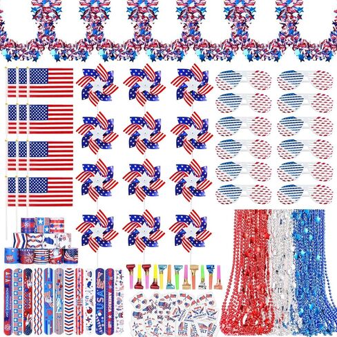 MOVINPE 150 قطعة من إكسسوارات الرابع من يوليو، هدايا الحفلات الوطنية، نظارات بهرج جارلاند مصراع، قلادات مطرزة، أعلام صفعة أساور، نفخات موسيقية، وشم، موكب هدايا (متعددة الألوان) in Kuwait