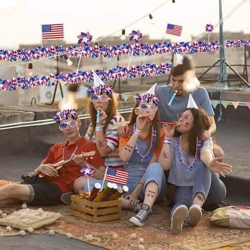 MOVINPE 150 قطعة من إكسسوارات الرابع من يوليو، هدايا الحفلات الوطنية، نظارات بهرج جارلاند مصراع، قلادات مطرزة، أعلام صفعة أساور، نفخات موسيقية، وشم، موكب هدايا (متعددة الألوان) in Kuwait