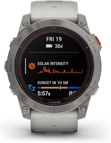 Garmin Fenix ​​7X Pro Sapphire Solar Edition 51 ملم تيتانيوم مع حزام رمادي ضبابي/برتقالي غامق GPS ساعة ذكية مدمجة ومصباح يدوي وعدسة شحن بالطاقة الشمسية من الياقوت وميزات تدريب متقدمة in Saudi Arabia