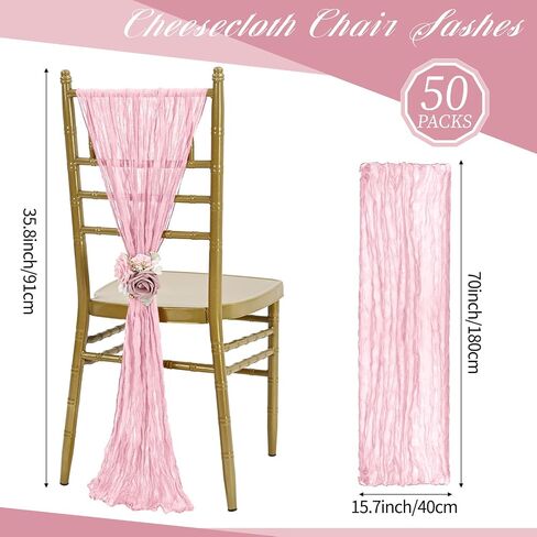50 PCS Cheesecloth Chair Sashes, Bows Designed Chair Sashes, 15.7x70 inch Chair Sashes for Aisle Decorations Universal Chair Cover Decoration for Wedding Reception Party Banquet (Light Pink) in Saudi Arabia