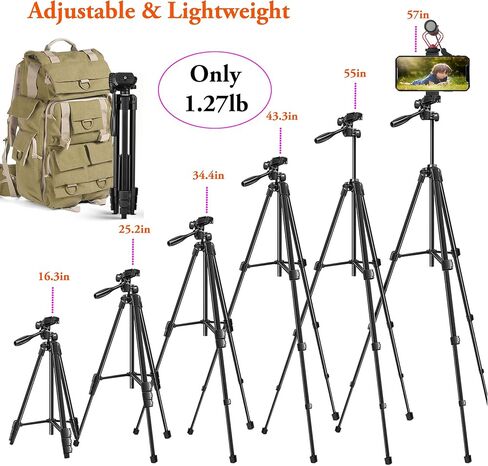 حامل ثلاثي للهاتف، حامل ثلاثي للهاتف الذكي خفيف الوزن للسفر مقاس 57 بوصة قابل للتعديل مع مصراع عن بعد لهاتف iPhone، وكاميرا الهاتف الذكي 3.5 إلى 7 بوصات DSLR GoPro، وتسجيل الفيديو، والبث المباشر in Kuwait