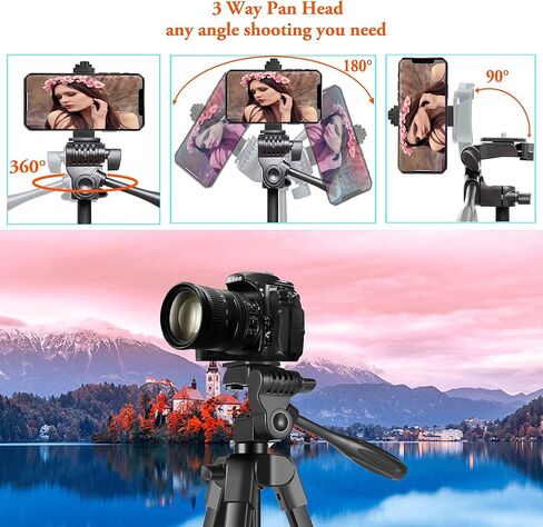 حامل ثلاثي للهاتف، حامل ثلاثي للهاتف الذكي خفيف الوزن للسفر مقاس 57 بوصة قابل للتعديل مع مصراع عن بعد لهاتف iPhone، وكاميرا الهاتف الذكي 3.5 إلى 7 بوصات DSLR GoPro، وتسجيل الفيديو، والبث المباشر in Kuwait