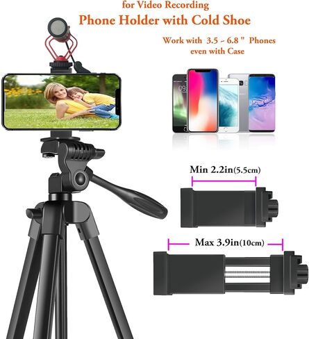 حامل ثلاثي للهاتف، حامل ثلاثي للهاتف الذكي خفيف الوزن للسفر مقاس 57 بوصة قابل للتعديل مع مصراع عن بعد لهاتف iPhone، وكاميرا الهاتف الذكي 3.5 إلى 7 بوصات DSLR GoPro، وتسجيل الفيديو، والبث المباشر in Kuwait