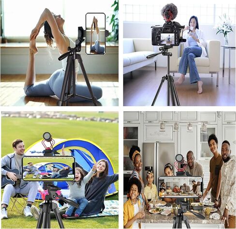 حامل ثلاثي للهاتف، حامل ثلاثي للهاتف الذكي خفيف الوزن للسفر مقاس 57 بوصة قابل للتعديل مع مصراع عن بعد لهاتف iPhone، وكاميرا الهاتف الذكي 3.5 إلى 7 بوصات DSLR GoPro، وتسجيل الفيديو، والبث المباشر in Kuwait