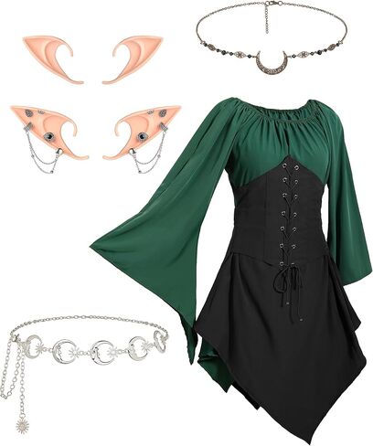 Fairy Costume for Women Medieval Costumes Renaissance Dress Fairy Headpiece Moon Chain Belt Elf Ears Halloween Outfits in Saudi Arabia