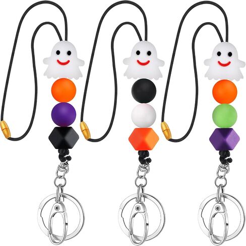 3 Pieces Beaded Lanyards for Women Silicone Beaded Teacher Lanyard Halloween Ghost Cute Lanyard Breakaway Lanyard Necklace for ID Badges and Keys Teachers Nurse Employees Students, 13 Inches in Saudi Arabia