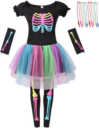 Girls Skeleton Costume Punk Bones Tutu Rainbow Dress Halloween in Kuwait