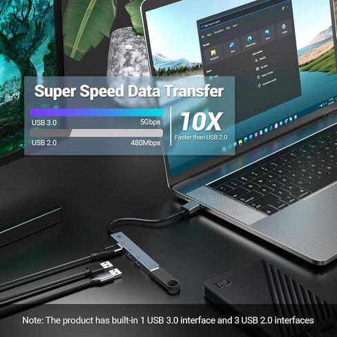 USB C HUB, USB C HUB, OBERSTER USB 3.0 Adapter HUB, Ultra Slim Portable Data Hub, 4 in 1 USB C HUB with USB 3.0, 3 USB 2.0 Compatible with Windows, macOS, Linux, Chrome OS Systems(Aluminium housing) in Saudi Arabia