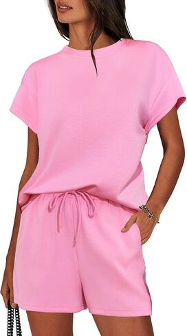 Imily Bela Womens 2 Piece Lounge Sets Summer Short Sleeve Tops and Shorts Set Airport Travel Outfits in Kuwait