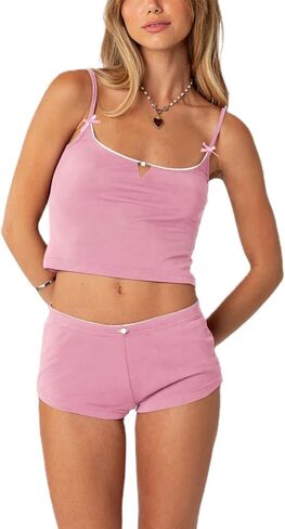 Women Two Pieces Outfit Sets Y2k Cami Top High Waist Shorts Pajama Sets Sleepwear Summer Clothes Streetwear in Saudi Arabia