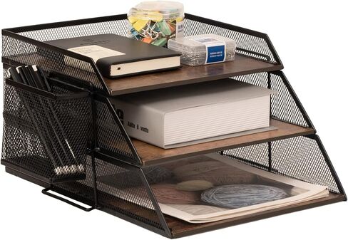 Set of 2 Vintage Wood & Metal Letter Tray，Desk Organizers Paper Tray，Office File Organizer(Black) in Kuwait