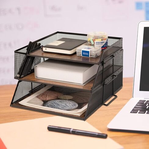 Set of 2 Vintage Wood & Metal Letter Tray，Desk Organizers Paper Tray，Office File Organizer(Black) in Kuwait