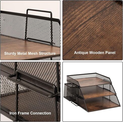 Set of 2 Vintage Wood & Metal Letter Tray，Desk Organizers Paper Tray，Office File Organizer(Black) in Kuwait