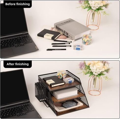 Set of 2 Vintage Wood & Metal Letter Tray，Desk Organizers Paper Tray，Office File Organizer(Black) in Kuwait