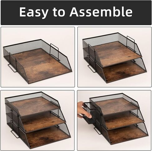 Set of 2 Vintage Wood & Metal Letter Tray，Desk Organizers Paper Tray，Office File Organizer(Black) in Kuwait