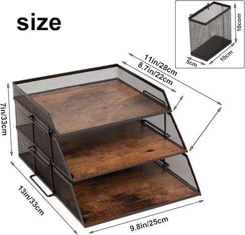 Set of 2 Vintage Wood & Metal Letter Tray，Desk Organizers Paper Tray，Office File Organizer(Black) in Kuwait