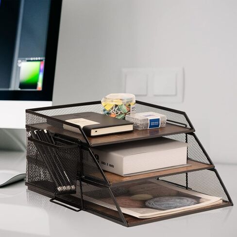 Set of 2 Vintage Wood & Metal Letter Tray，Desk Organizers Paper Tray，Office File Organizer(Black) in Kuwait