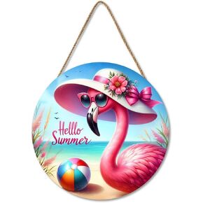 Flamingo Hello Summer Wood Hanger 12 Inch for Outdoor Pool Decor, Tropical Decor Door Wreath Tropical Party Decorations, Swimming Pool Accessories for Festival Farmhouse Porch Patio Garden