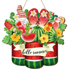 Hello Summer Watermelon Sign Wooden Watermelon Gnome Welcome Hanging Sign with Ropes Rustic Summer Front Door Hanger Ornament for Farmhouse Home Indoor Outdoor Door Porch Wall Decor