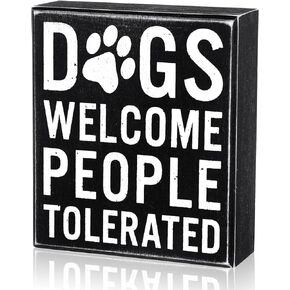 Dogs Welcome People Tolerated Dog Lover Decor Presents for Animal Lovers Wood Dog Box Sign Welcome Word Dog Signs Rustic Wall Decor Art Pet Saying Farmhouse Decor, 5 x 6 x 1.77 Inch (Black Bottom)