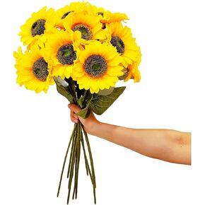 8PCS Artificial Sunflowers Long Stem Silk Fake Yellow Sunflower Decoration for Outdoor Garden Home Wedding Birthday Party Single Bulk Decor