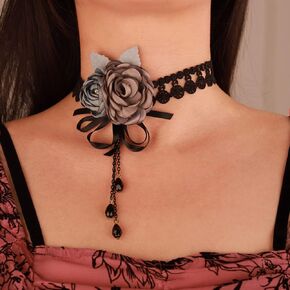 Gothic Black Lace Choker Necklace Sexy Rose Flower Necklace Dainty Crystals Pendant Necklace Chic Prom Party Ball Nacklace Lolita Victorian Choker Vampire Collar for Women Girls (Style3)