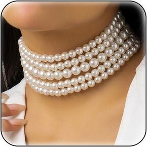 Pearl Choker Necklace White Multi layer Round Imitation Pearl Necklaces for Women Bride Wedding Jewelry (Multi layer)