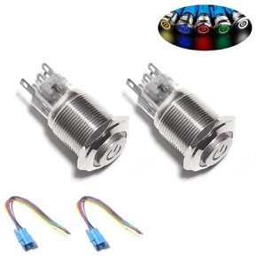 16mm Latching Push Button Switch,12V Led Push Switch Waterproof Toggle Switches with Wire Socket Plug 5/8" Mounting Hole, Orange Light,2Pack