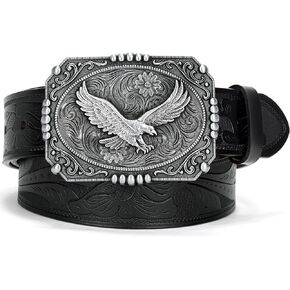BISON DENIM Men's Western cowboy belt Classic Double embossed leather belts with Printed Engraved Buckle