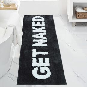 Black Get Naked Bath Mat, Long Runner Mat for Bathroom, Cute Fun Simple Bath Rug, Water Absorbent Non-Slip Microfiber Mat, 18"x47"