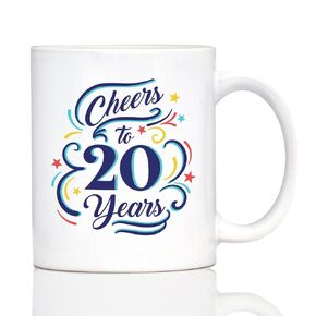 Cheers to 20 Years - Coffee Mug Gifts for Women & Men - 20th Anniversary Party Decor - Large 15oz White Ceramic Mug