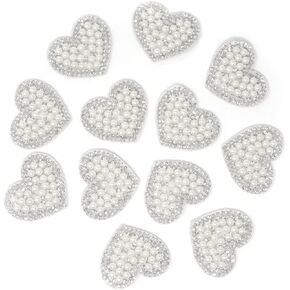 Honbay 12PCS Rhinestone Sew On Patches Heart Glue On Patches White Pearl Glitter Applique for Clothes Decoration and DIY Craft Supplies