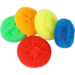 Plastic Dish Scrubbers for Dishes Plastic Pot Round Scrubber Scouring Non Scratch Dish Scourers, Assorted Colors Poly Mesh Scouring Dish Brush Pads for Kitchen Cleaning, 5 Pcs