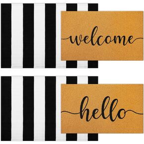 4 Pack Welcome Mats Outdoor with Black White Striped Rug Front Door Mats with Non Slip Backing Outdoor Doormats for Shoe Scraper, Inside Outside Home High Traffic Area, Porch Decor, 30'' x 18''