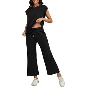 Taurus Womens 2 Piece Outfits Sleeveless Matching Lounge Sets Crew Neck Pullover Top and Drawstring Wide Leg Pants with Pockets Tracksuit Black S