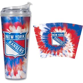 ريكو إندستريز NHL Hockey New York Rangers Team Color Tie Dye 24oz بهلوان أكريليك معدني مع غطاء مفصلي، بهلوان مزدوج الجدار مرخص رسميًا مع قش