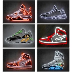 6Pcs Neon Effect Sneakers Wall Art Neon Sneaker Teen Art Posters Prints Fashion Trendy Neon Basketball Sneakers Canvas Painting Abstract Sport Shoes Pictures Modern Boy Room Decor 8x10in Unframed