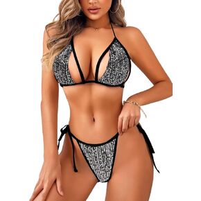Kaei&Shi Sequin Bikini,Triangle Sparkly 2 Piece Bathing Suit Sets,High Cut Sexy Cheeky Glitter Swimsuit for Women