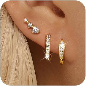Gold Hoop Earrings for Women Trendy, 14k Gold Huggie Hoop Earrings Set for Multiple Piercing, Dainty Gold Earrings Small Gold Earring Stacks Cartilage Stud Earrings, Gold Earring Set for Girls