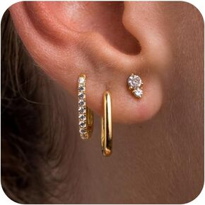 3 Pairs Gold Earrings for Women, 14K Gold Plated Gold Hoop Earrings Set Cubic Zirconia Earrings Everyday Wear Gold Earrings for Women Girls Jewelry