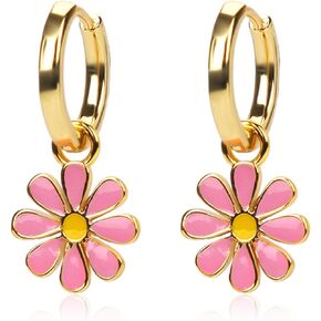 Daisy Earrings for Women, Flower Small Hoop Earrings 18K Gold Plated Pretty Flora Earring with Short Dangle Cute Lightweight Cartilage Earring Jewelry Gift for Girls Teens