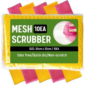 Heavy Duty Dish Wash Scrubber, 10 Pack Mesh Net Dish Washing, Non-Scratch Scouring Pads, Odor Free, Quick Dry, Reusable Scourer, Dishwashing - Made in Korea