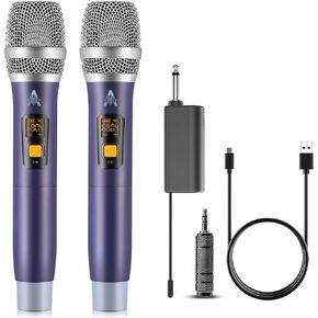 Wireless Microphone, UHF Metal Dual Handheld Cordless Dynamic Mic System with Rechargeable Receiver(40H Duration,200 ft Range) for Singing, Karaoke, Church, Speech, Wedding, Party Singing