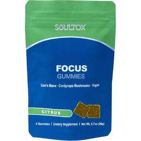 Soultox Focus Lion's Mane Gummies - Citrus Flavor - Vegan Formulation with Organic Lions Mane and Cordyceps - Enhance Memory, Focus and Energy - Citrus Flavor - Single Pack in Saudi Arabia